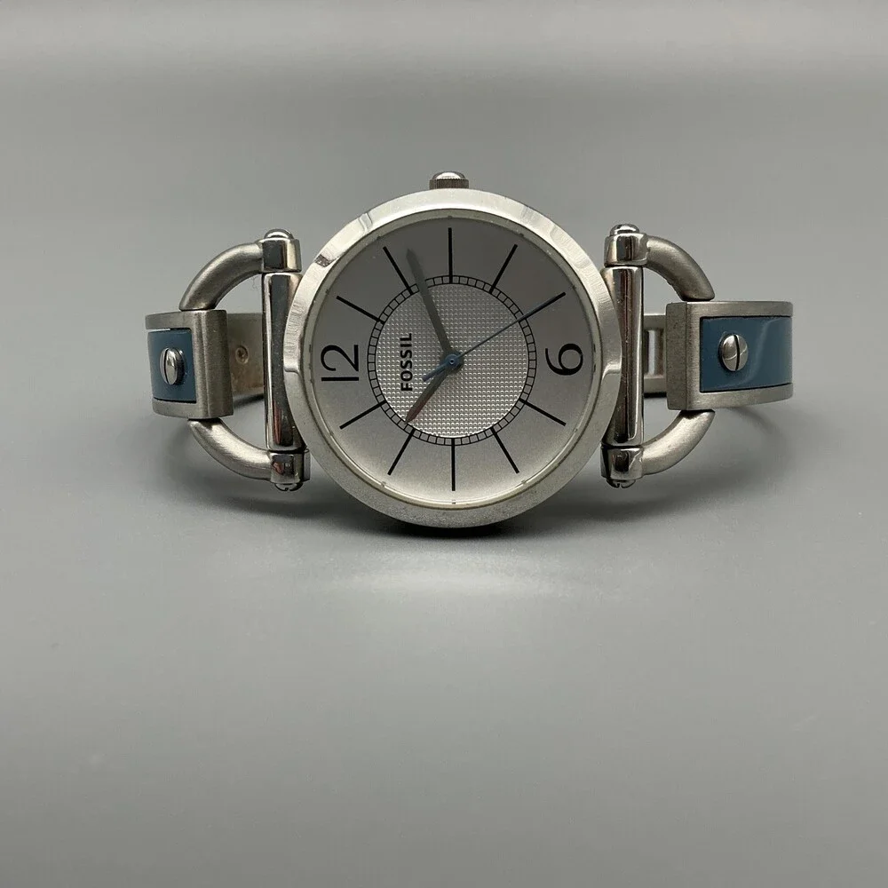 Fossil ES-2471 Womens Watch 30mm Silver Tone Blue Inlay Bangle New Battery 6.5